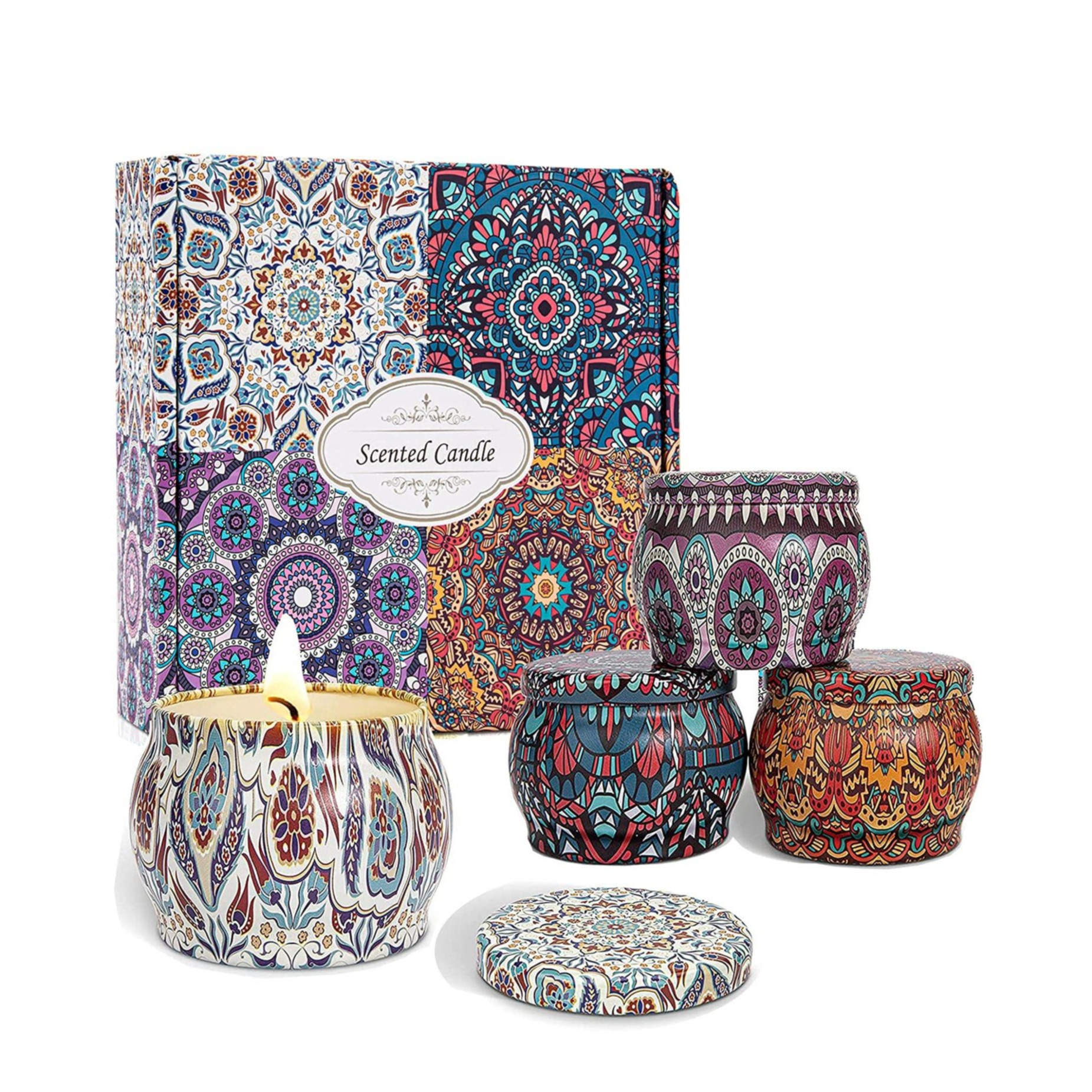 Image of (4er Set) Duft Kerzen Aromatherapie Sojawachs Kerzen im Geschenk Set - Mandala Design bei Apfelkiste.ch