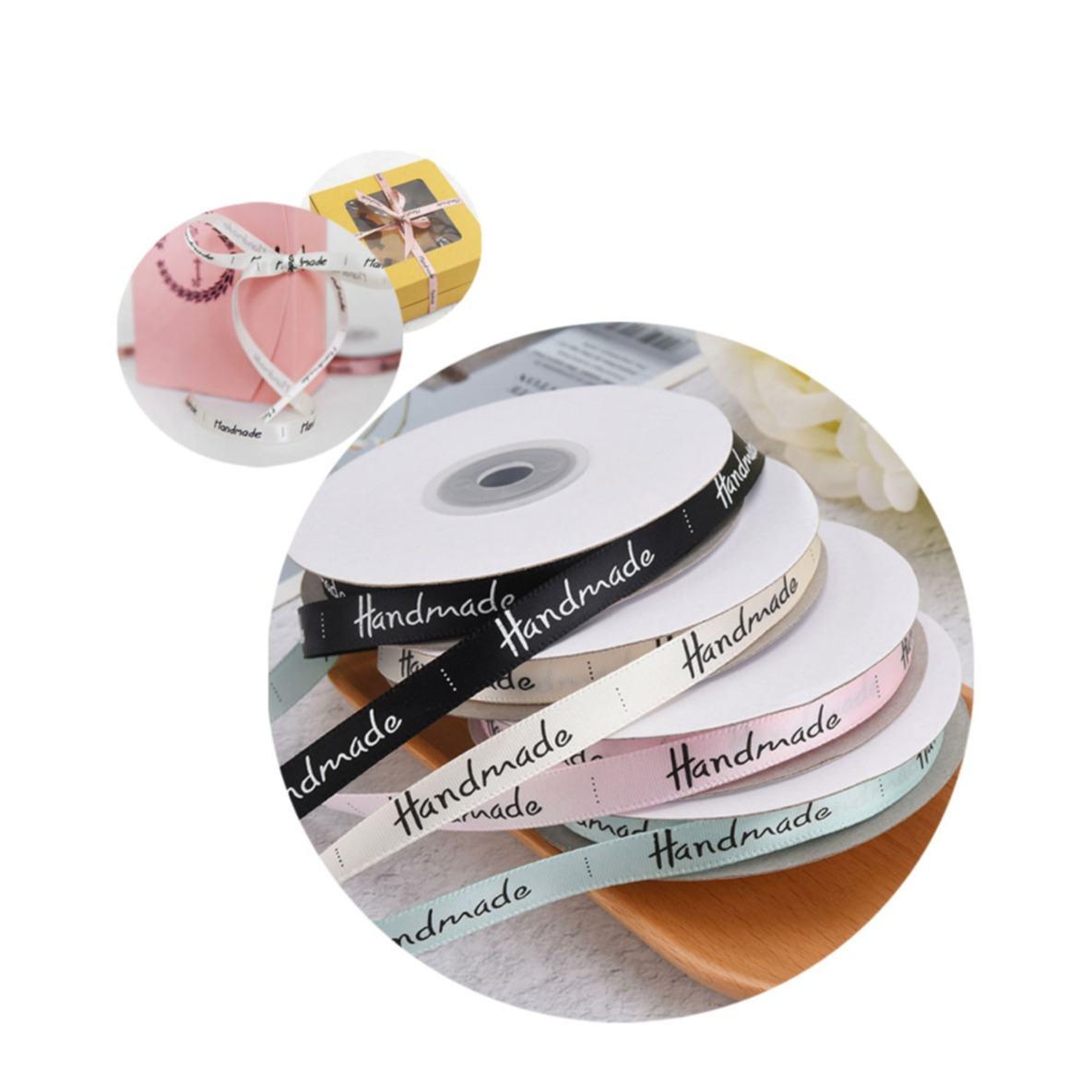 Image of (4er Set) 1cm / 22m Geschenkband Schwarz / Beige / Mint / Rosa - Handmade bei Apfelkiste.ch