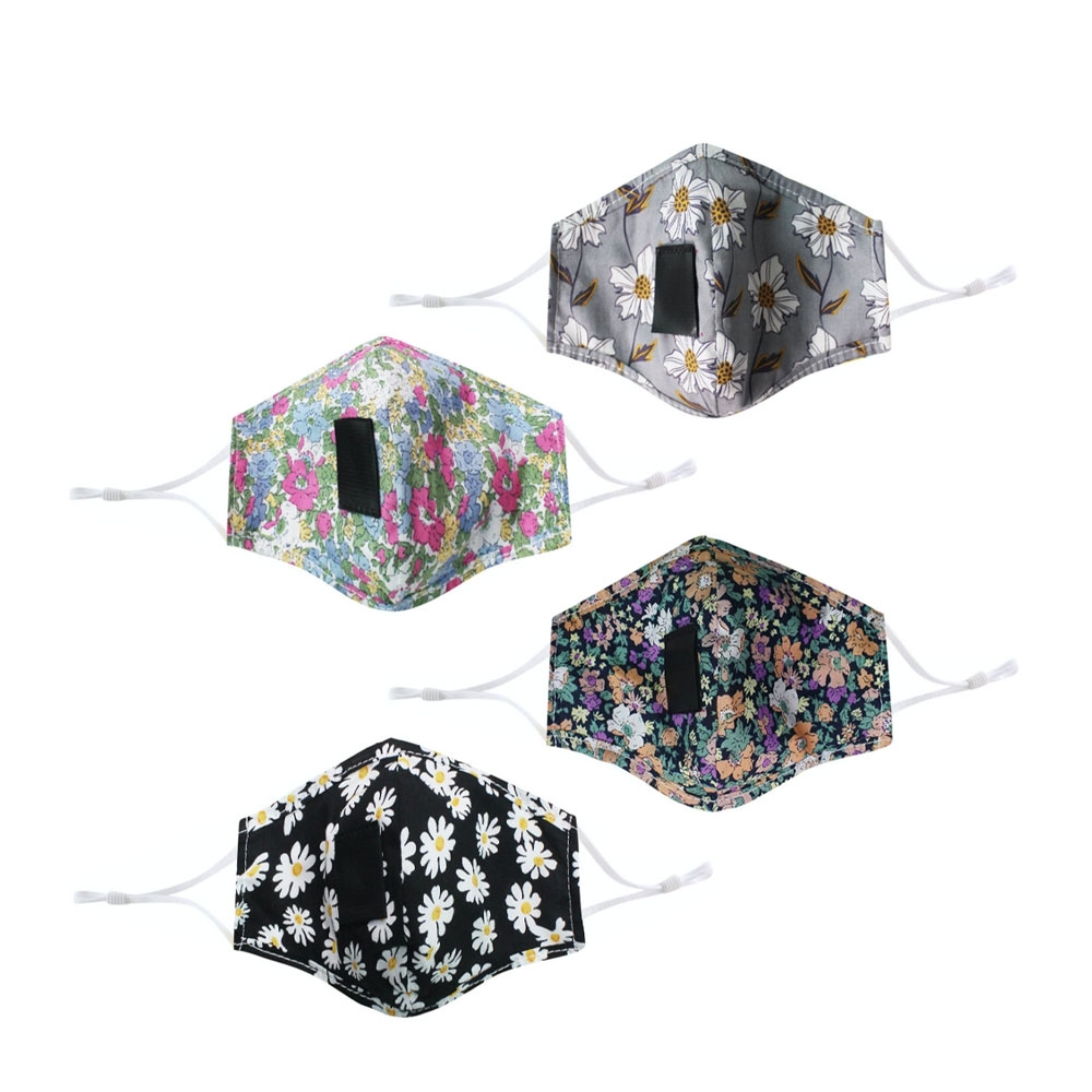 (4er Set) Wiederverwendbare Stoff Mundschutz Hygiene Atemschutzmaske Staubschutzmaske mit Trinköffnung (Grössenverstellbar) - Blumen