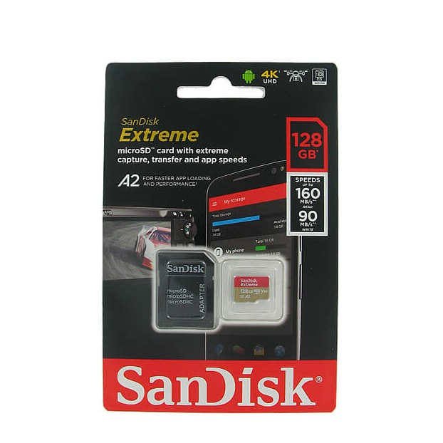 Image of SanDisk - 128GB Extrem Micro SDHC A1 TransFlash Speicherkarte + SD Adapter Class 10 U3 UHS-I V30 160 MBps (SDSQXA1-128G-GN6MA) bei Apfelkiste.ch