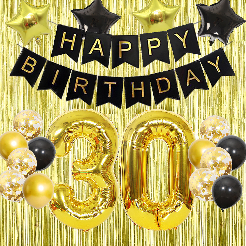 Image of (53-tlg. Set) Happy Birthday Girlande 30. Geburtstag Party Deko + Latex- und Folienballons / Konfetti Ballons / Lametta Vorhang - Gold / Schwarz bei Apfelkiste.ch