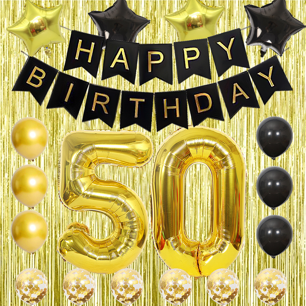 Image of (53-tlg. Set) Happy Birthday Girlande 50. Geburtstag Party Deko + Latex- und Folienballons / Konfetti Ballons / Lametta Vorhang - Gold / Schwarz bei Apfelkiste.ch
