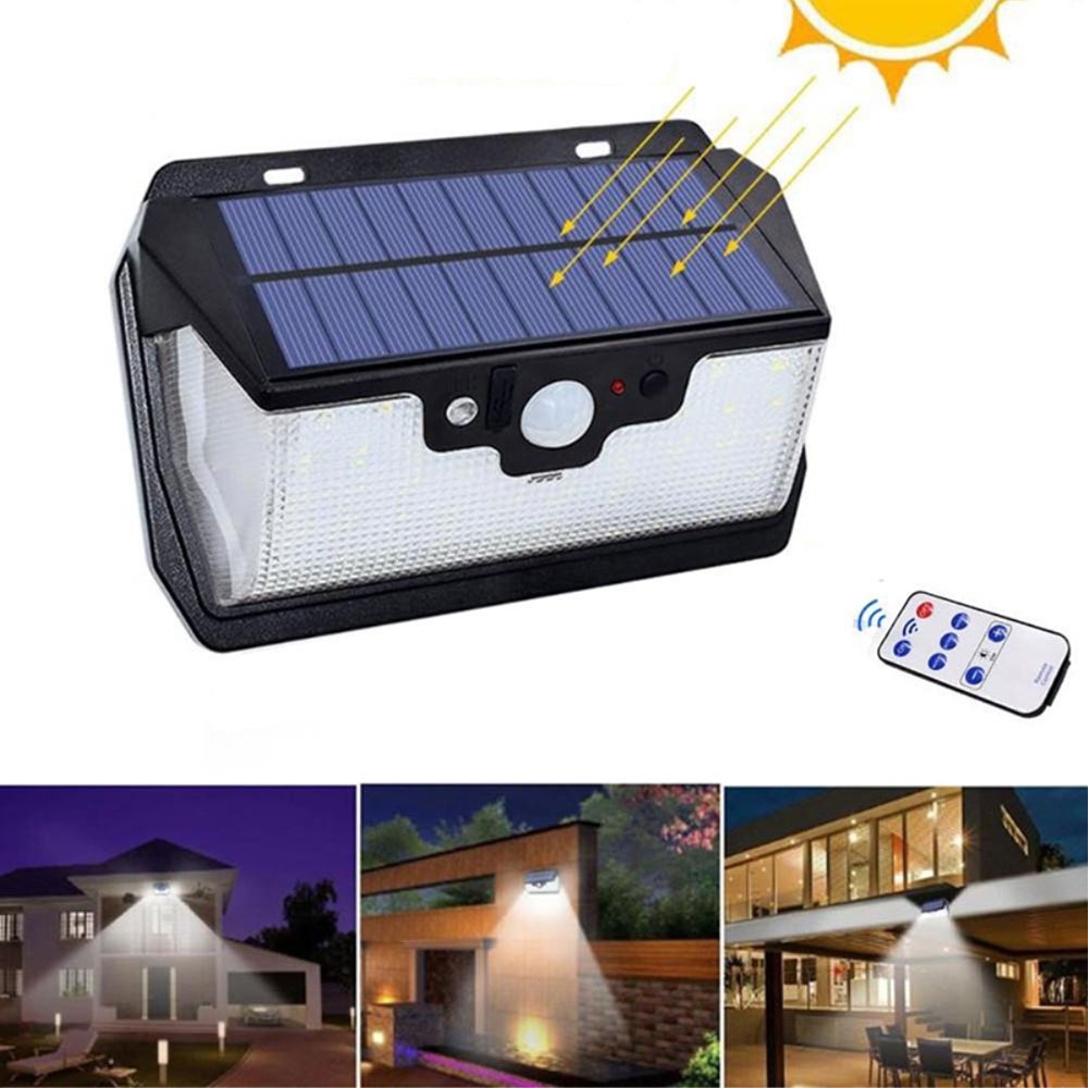 Image of 55 LED's Solar Outdoor USB Lampe Wandleuchte Infrarot Bewegungsmelder Spritzwasserfest (IP65) + Fernbedienung - Schwarz bei Apfelkiste.ch