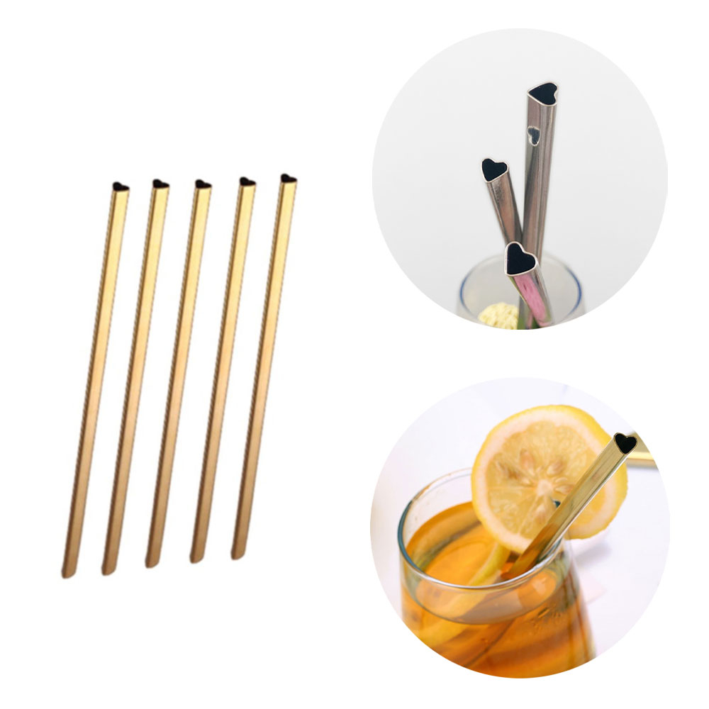 Image of (5er Set) 21.5cm Edelstahl Herz Strohhalm Wiederverwendbarer Trinkhalm - Gold bei Apfelkiste.ch