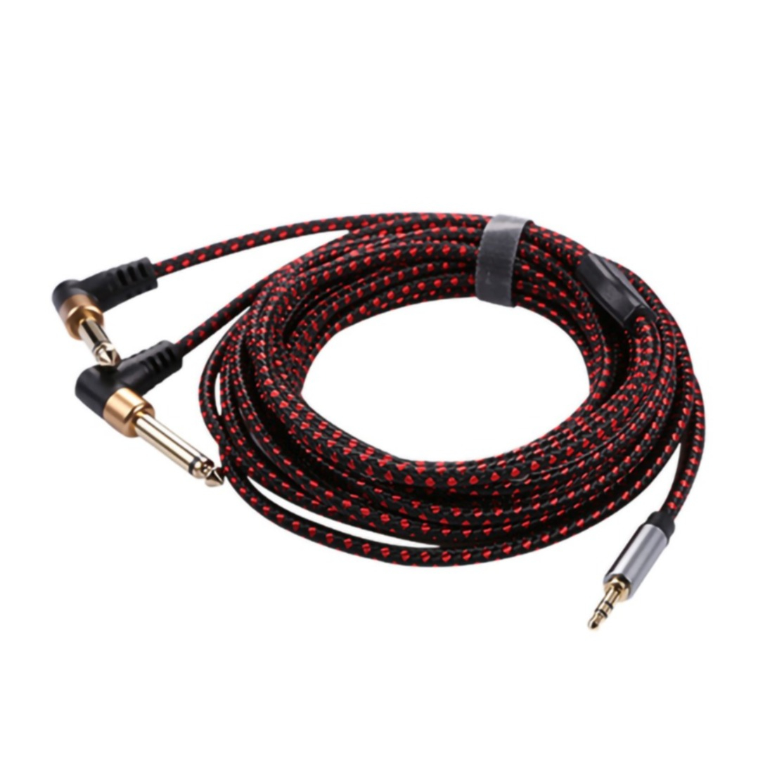 Image of (1m) 3.5mm Stereo Audio AUX Klinke Stecker auf 6.35mm Nylon Y Kabel 90° Winkel mit vergoldeten Kontakten - Schwarz / Rot bei Apfelkiste.ch
