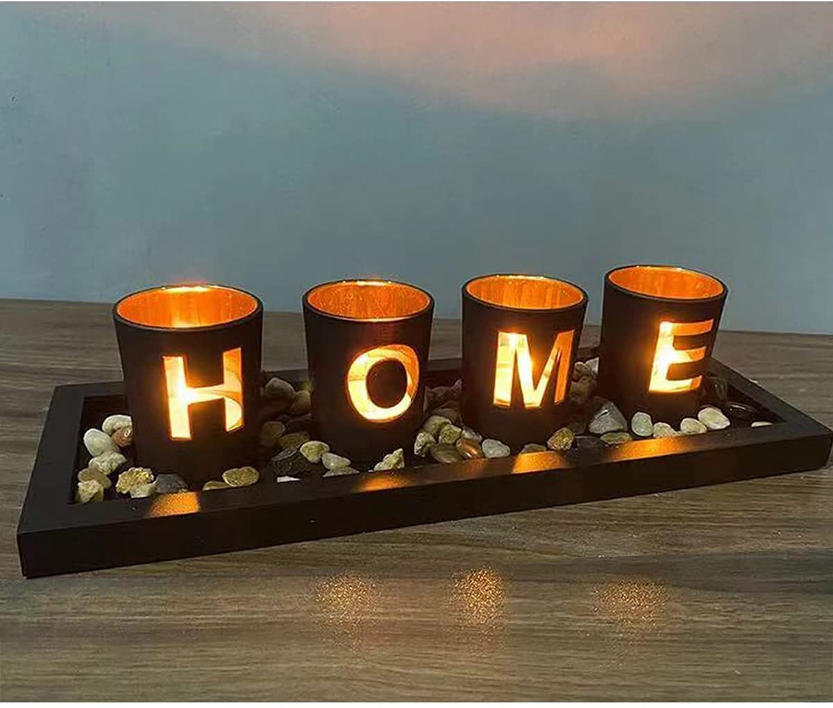 Image of (6-tlg. Set) Deko Teelicht Halter Home Accessoire Kerzen Windlicht Set + Steine bei Apfelkiste.ch