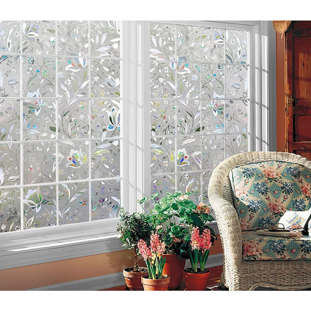 (60x200cm) 3D Deko Fensterfolie Regenbogen Effekt Statische Sichtschutz  Folie Blickdicht (Anti-UV) - Blumen