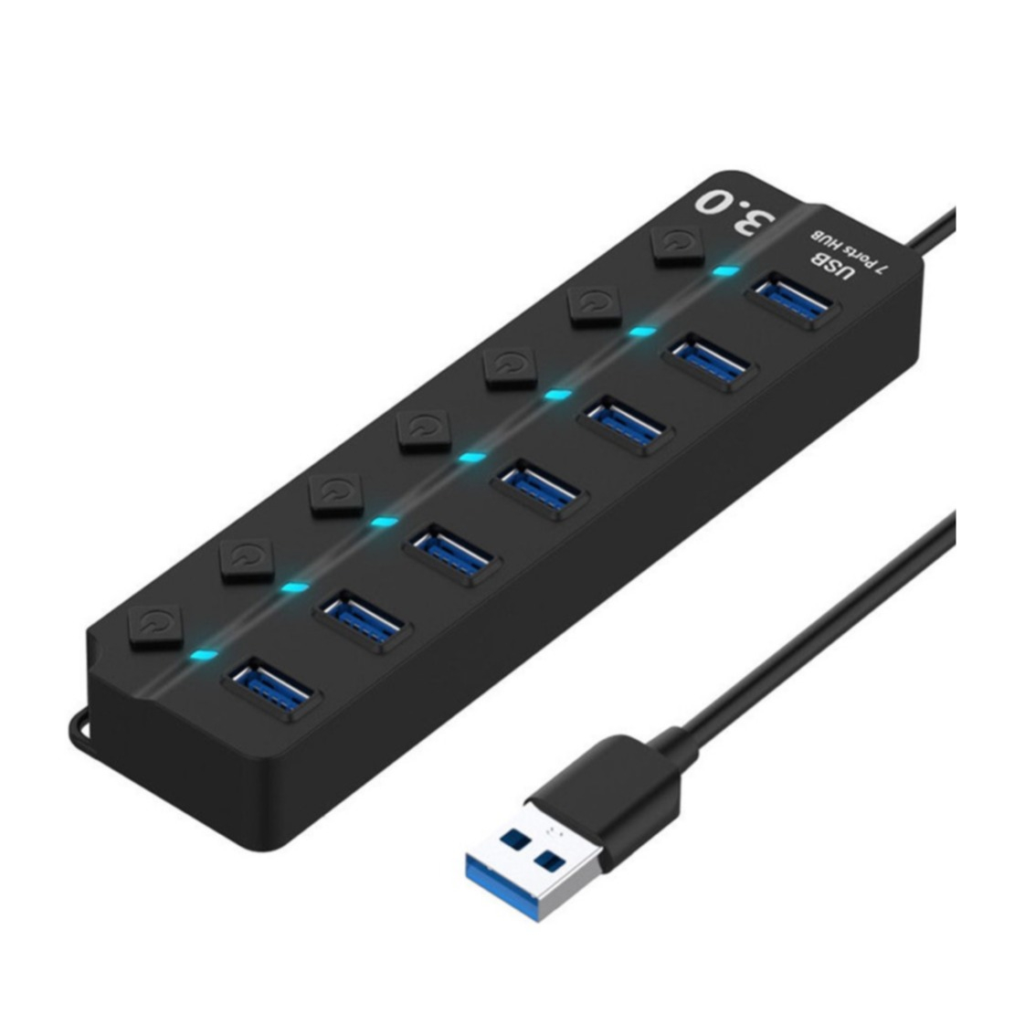 Image of (27cm) 7-fach USB 3.0 Hub Adapter mit USB Port Steuerung Tastenschalter 5GB/s - Schwarz bei Apfelkiste.ch