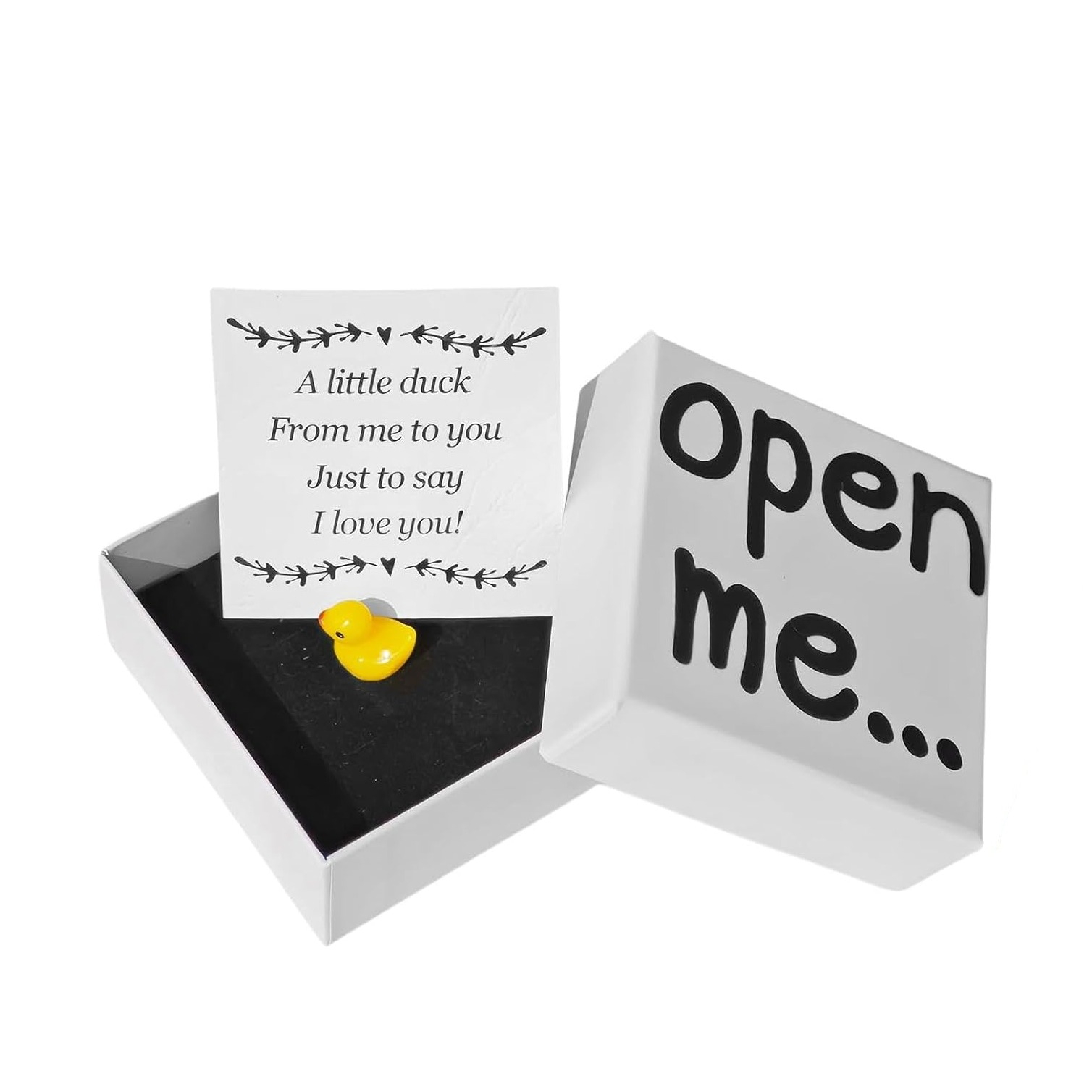 (75x75mm) Süsse Geschenkbox mit Mini Enten Figur Glücksbringer Romantische Geschenkidee inkl. Love You Notiz für Valentinstag / Muttertag