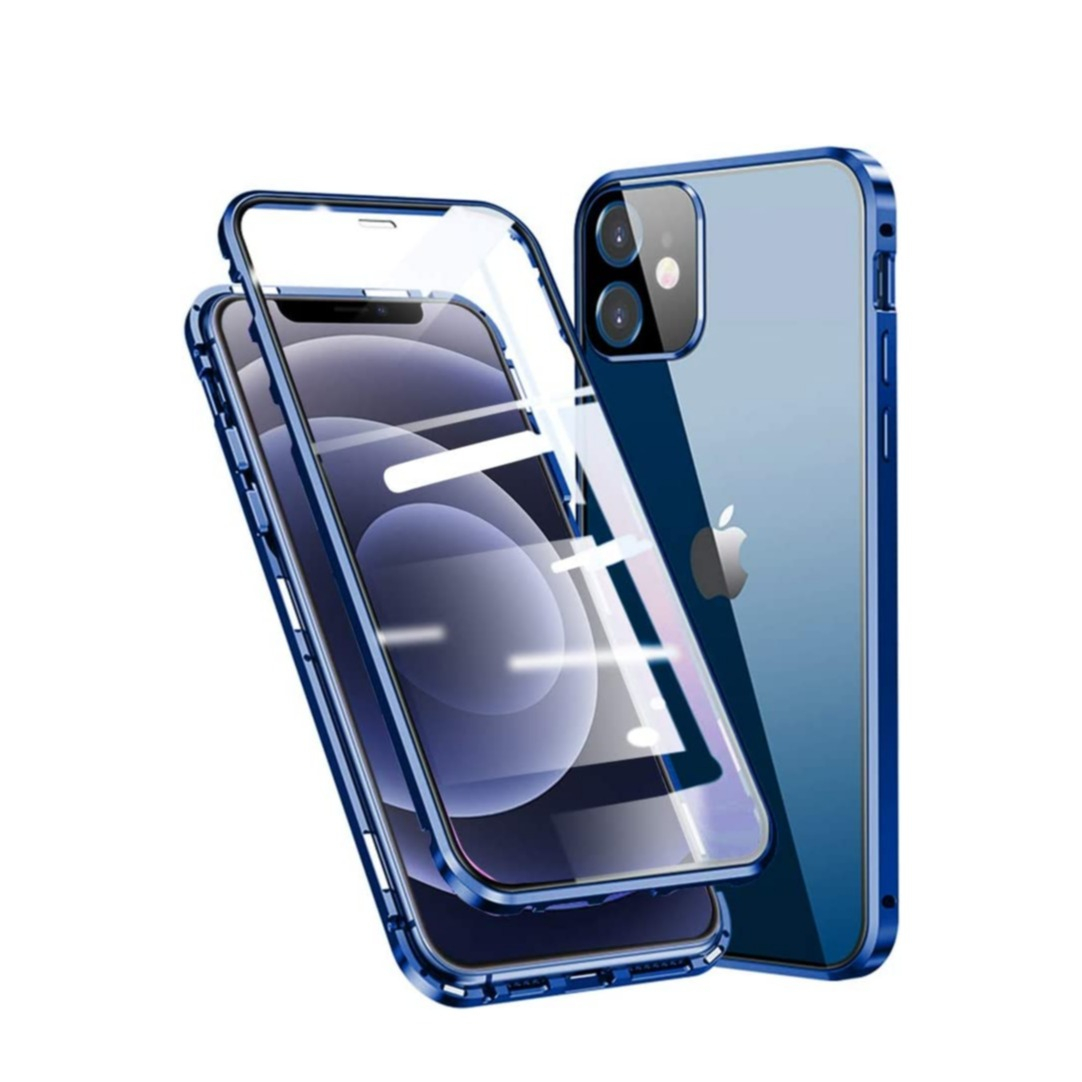 Image of iPhone 12 Magnetische Alu Schutzhülle mit Panzer Glas Backcover + Displayschutz (Magnet-Technologie) - Blau bei Apfelkiste.ch