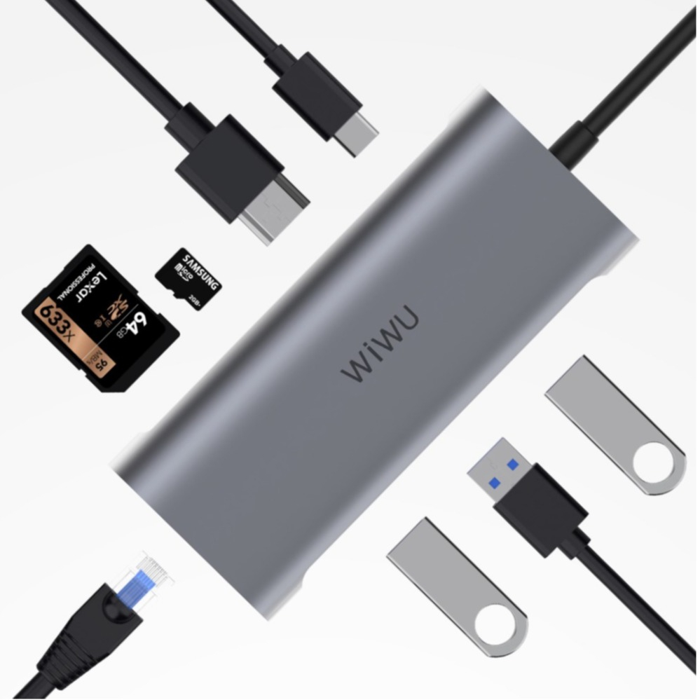 Image of Wiwu - USB C Multiport Adapter mit USB C / 4K HDMI / 3x USB 3.0 / Gigabit Ethernet LAN / SD & Micro SD Kartenlesegerät - Dunkelgrau (Space Grau) bei Apfelkiste.ch