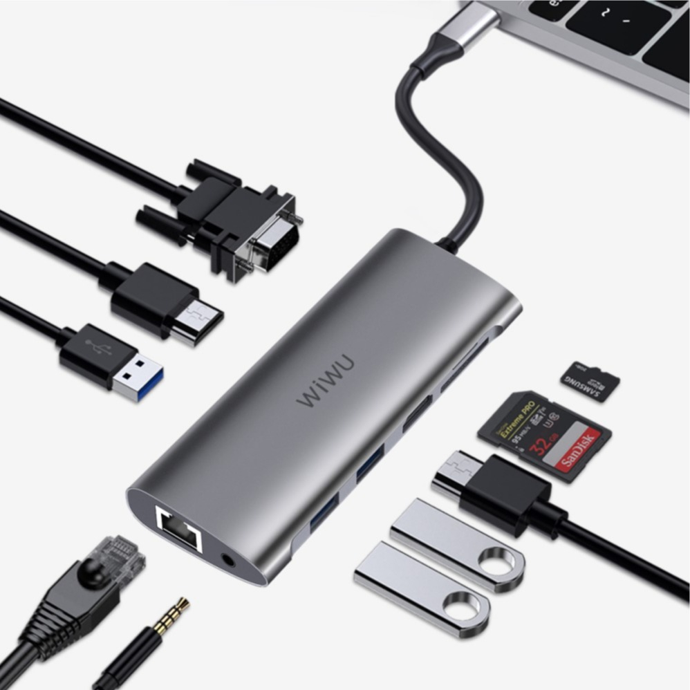 Image of Wiwu - USB C Multiport Adapter mit 2 x 4K HDMI / 3x USB 3.0 / LAN / VGA / 3.5mm Klinke / SD & Micro SD Kartenlesegerät - Dunkelgrau (Space Grau) bei Apfelkiste.ch