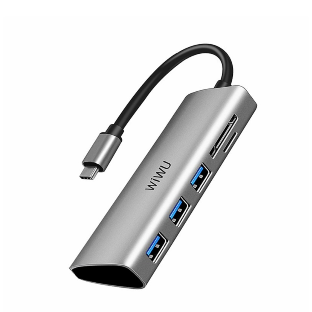 Image of Wiwu - USB C Multiport Adapter mit 3x USB 3.0 / SD & Micro SD Kartenlesegerät - Dunkelgrau (Space Grau) bei Apfelkiste.ch