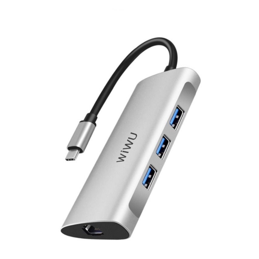 Image of Wiwu - USB C Multiport Adapter mit 3 x USB 3.0 / Gigabit Ethernet LAN / SD & Micro SD Kartenlesegerät - Dunkelgrau (Space Grau) bei Apfelkiste.ch