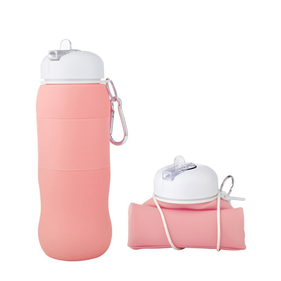 Image of (620ml) Faltbare Silikon Trinkflasche Reise Wasserflasche mit Karabiner Haken - Rosa bei Apfelkiste.ch