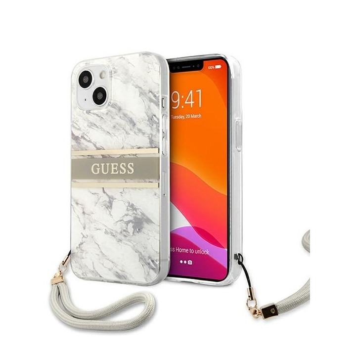 Image of Guess - iPhone 13 Mini Hardcase Hülle Marble Strap (GUHCP13SKMABGR) - Weiss / Grau bei Apfelkiste.ch