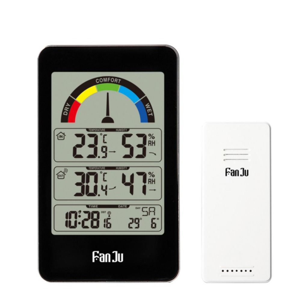Image of (2-tlg. Set) Wireless Wetterstation Digital Thermometer / Hygrometer / Wecker + Aussensensor (Batteriebetrieben) - Schwarz bei Apfelkiste.ch