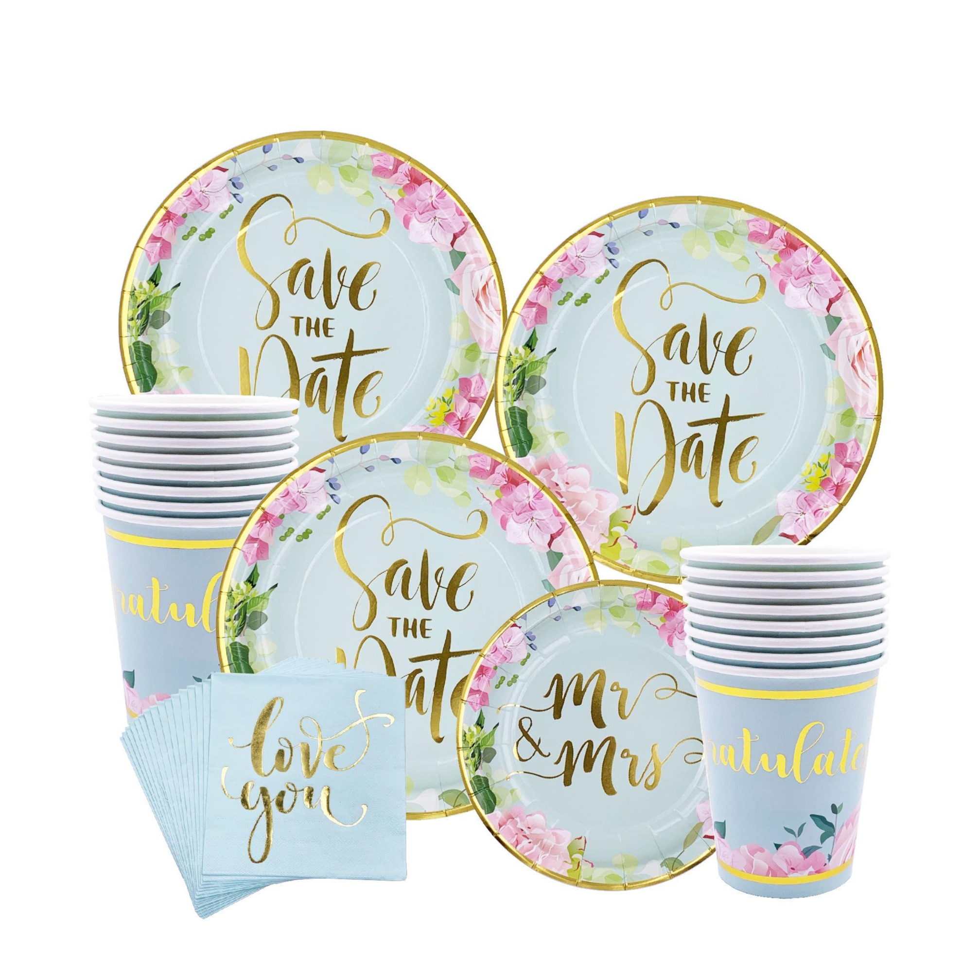 Image of (64-tlg. Set) Einweg Geschirr Party Tisch Dekoration - Save The Date bei Apfelkiste.ch