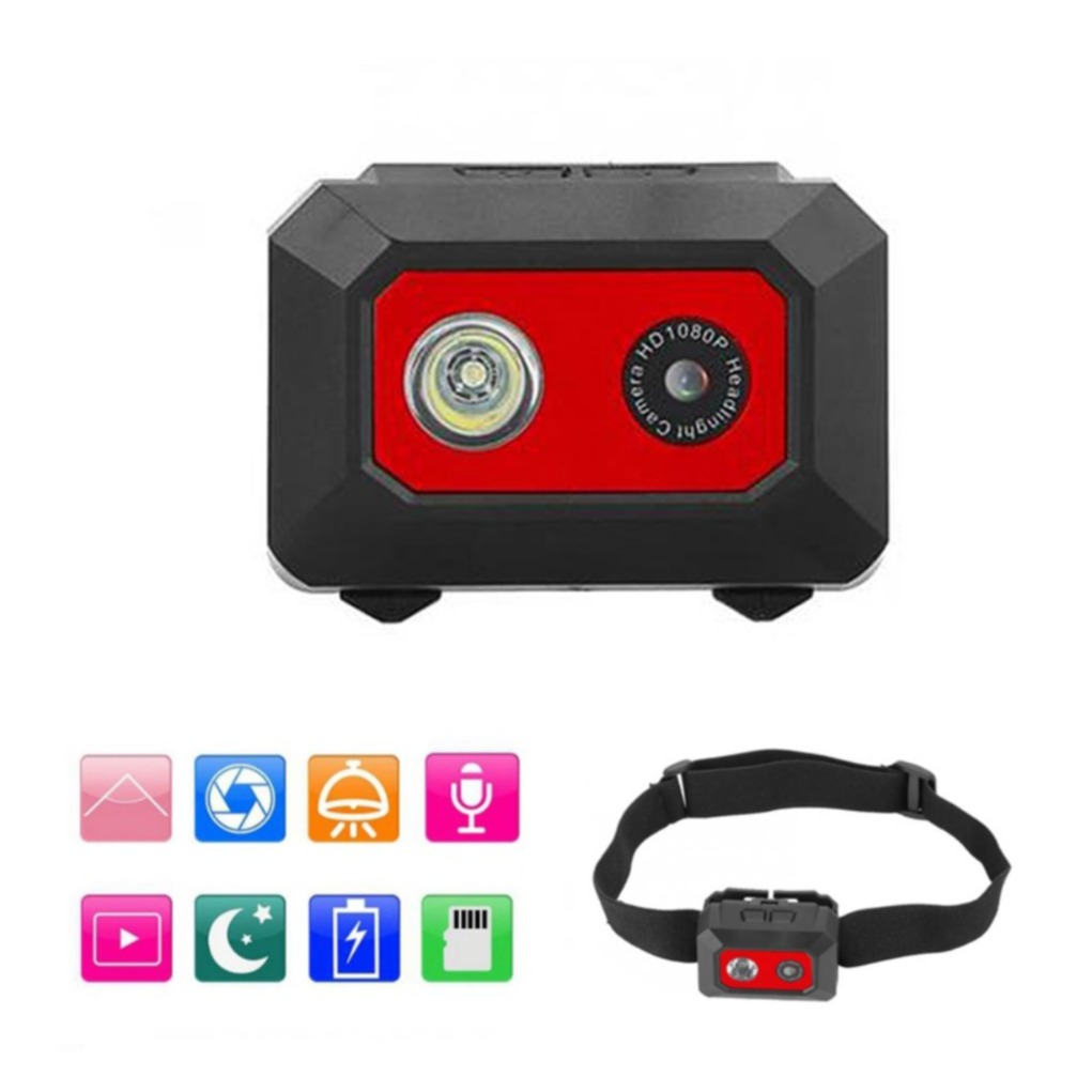 Image of 1080p FullHD Action Cam Helm Kamera 120° Weitwinkel mit LED Licht und Micro SD Kartenslot + Kopfband - Schwarz / Rot bei Apfelkiste.ch