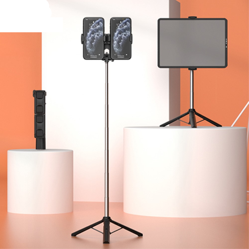 Image of (160cm) XXL Selfie Stick Dual Teleskop Halterung für Smartphones und Tablets mit abnehmbarem Bluetooth Fernauslöser + 1/4" Tripod-Stativ - Schwarz bei Apfelkiste.ch