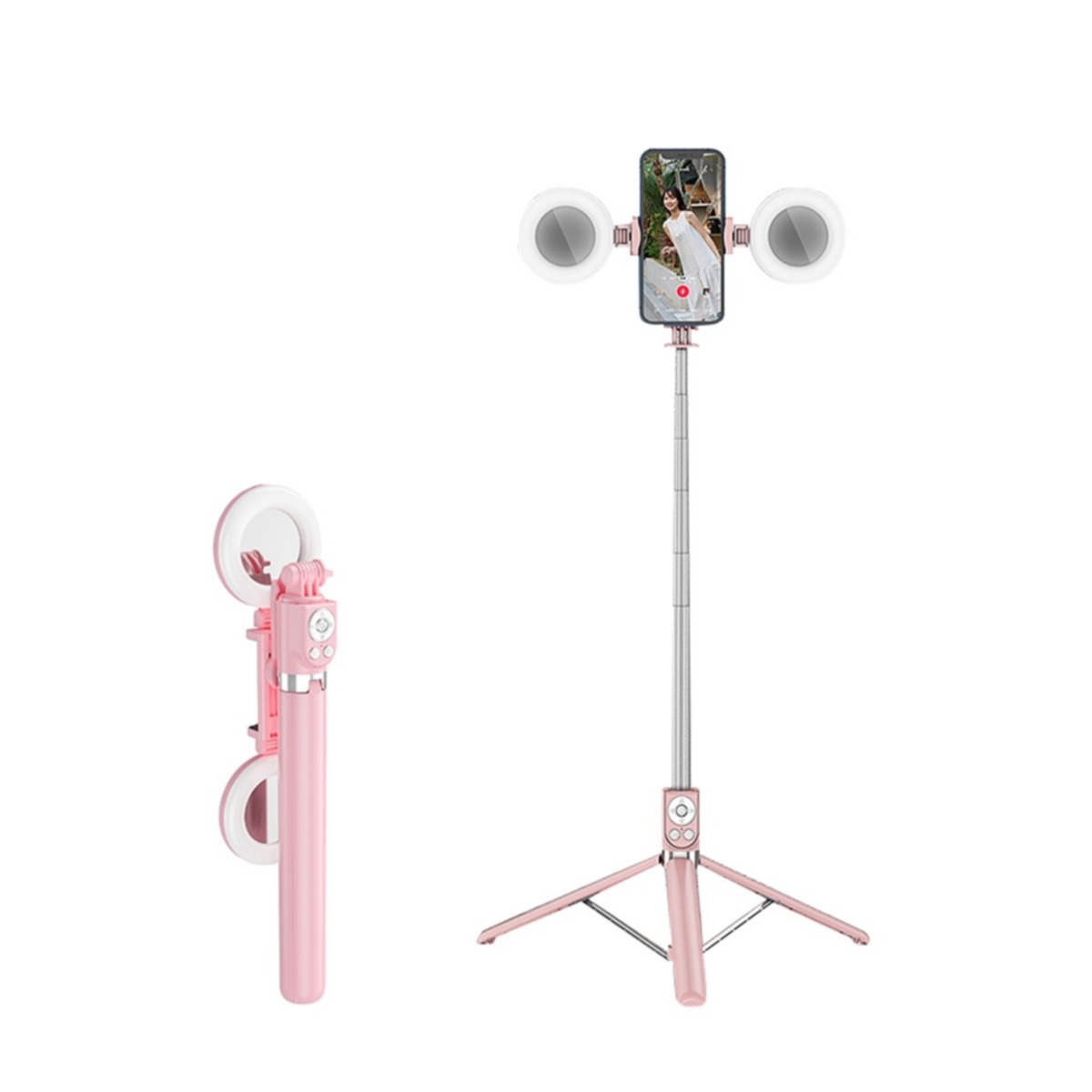 Image of (175cm) Professionelle Bluetooth Selfie Teleskop Smartphone Halterung mit Stativ + Dual LED Ringleuchte für YouTuber / Influencer - Rosa bei Apfelkiste.ch