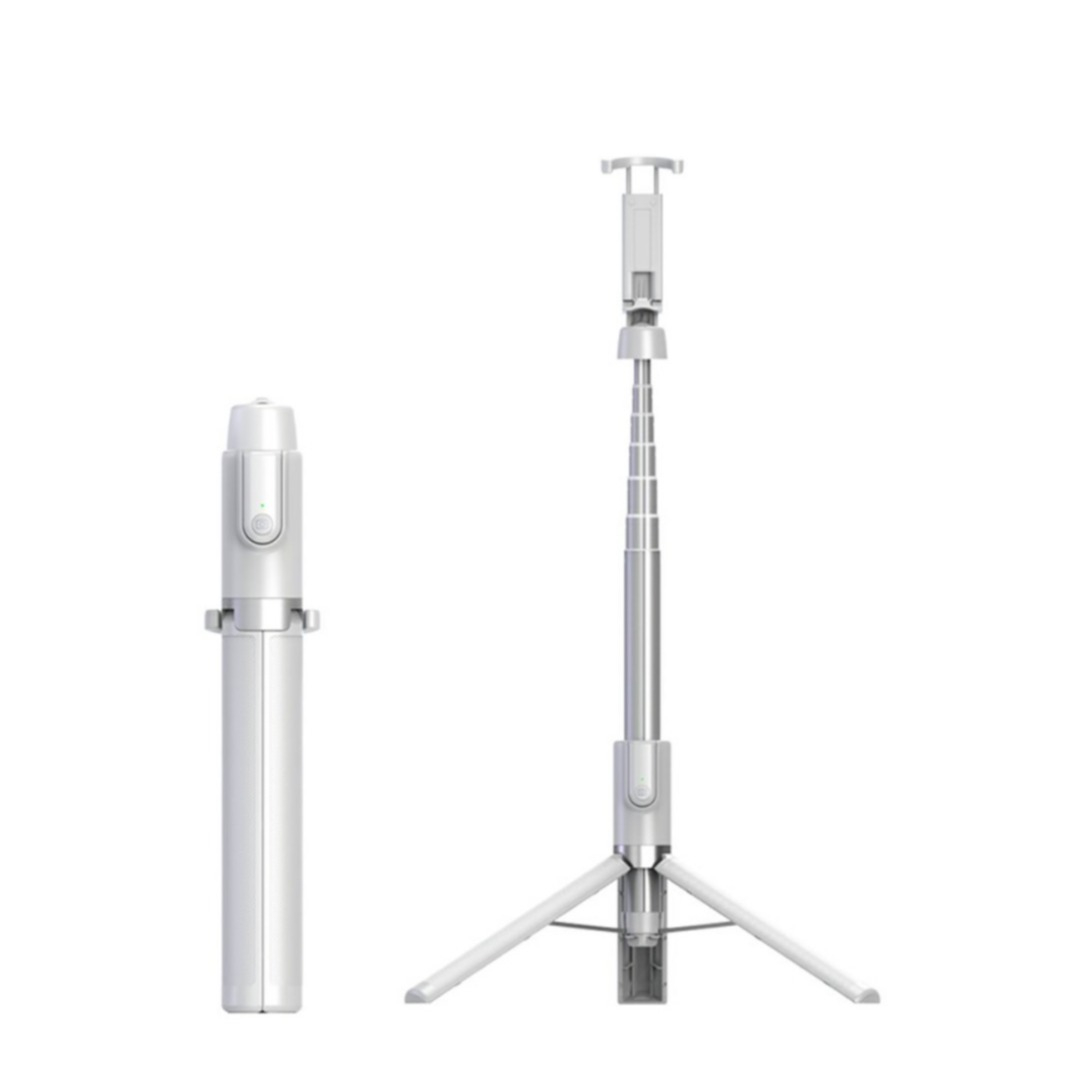 Image of (130cm) 2in1 Selfie Stick Teleskop Stab für Smartphones mit abnehmbarem Bluetooth Fernauslöser + 1/4" Tripod-Stativ - Weiss / Silber bei Apfelkiste.ch