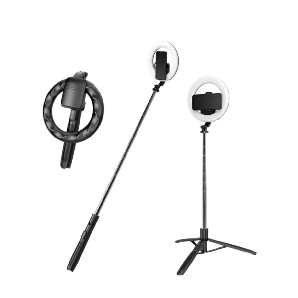 Image of (145cm) 3in1 XXL Alu Selfie Stick Teleskop für Smartphones mit abnehmbarem Bluetooth Fernauslöser + 1/4" Tripod-Stativ mit Ring Licht - Schwarz bei Apfelkiste.ch