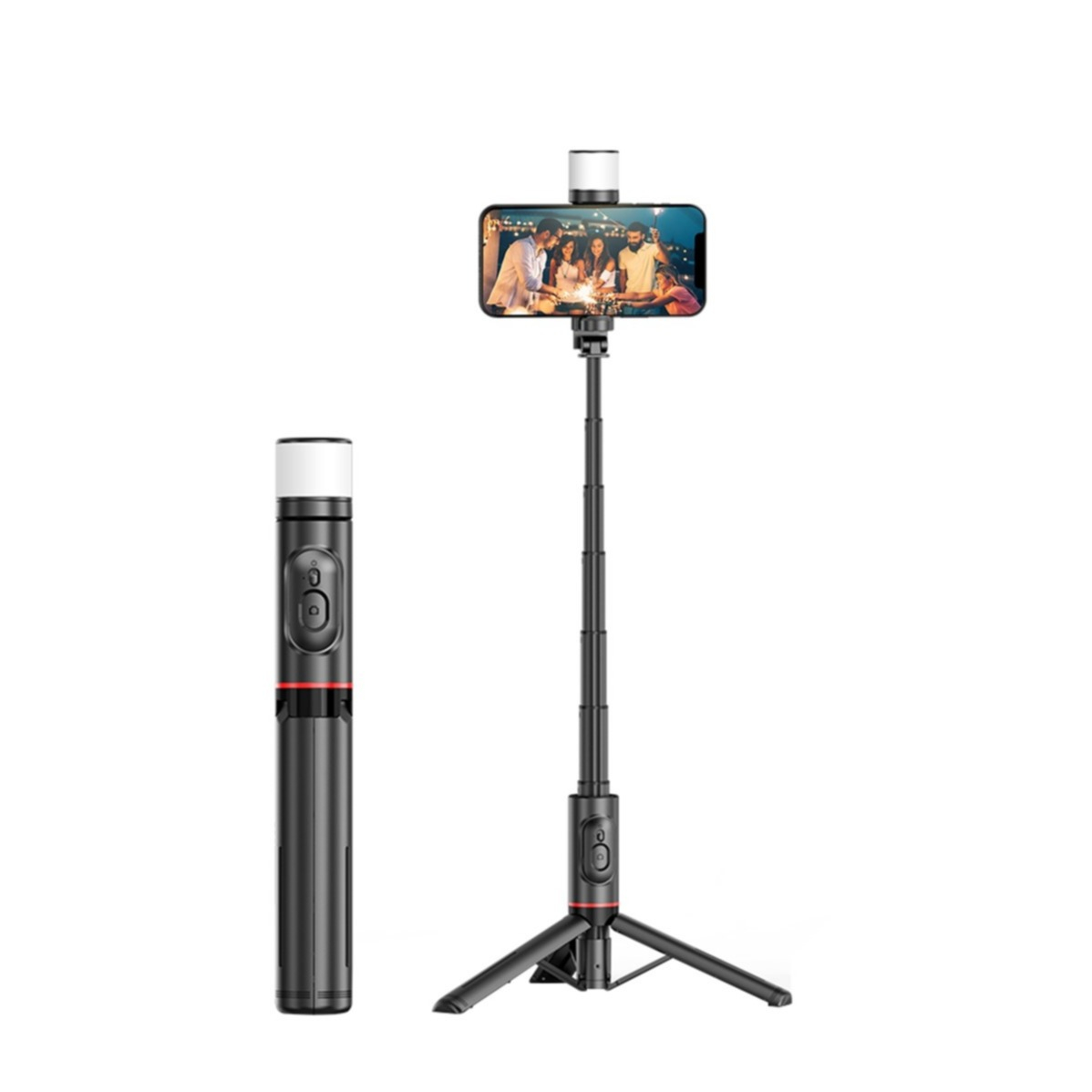 Image of (75cm) Selfie Stick Teleskop für Smartphones mit abnehmbarem Bluetooth Fernauslöser + LED Licht - Schwarz bei Apfelkiste.ch