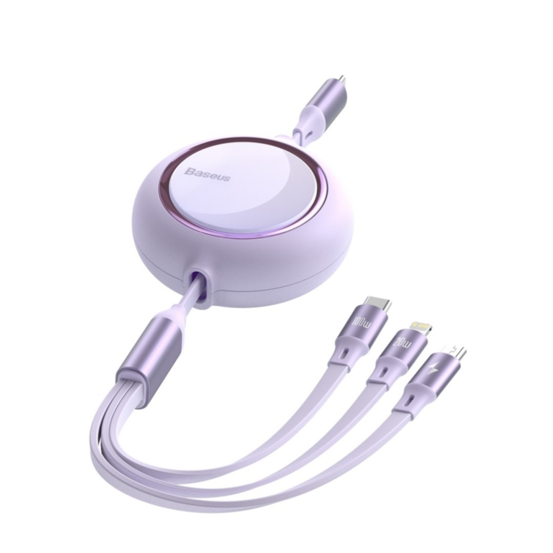 Image of (1.2m) Baseus - 3in1 Ausziehbares USB C Ladekabel 100W - Lightning / Micro USB / USB C - Lila bei Apfelkiste.ch