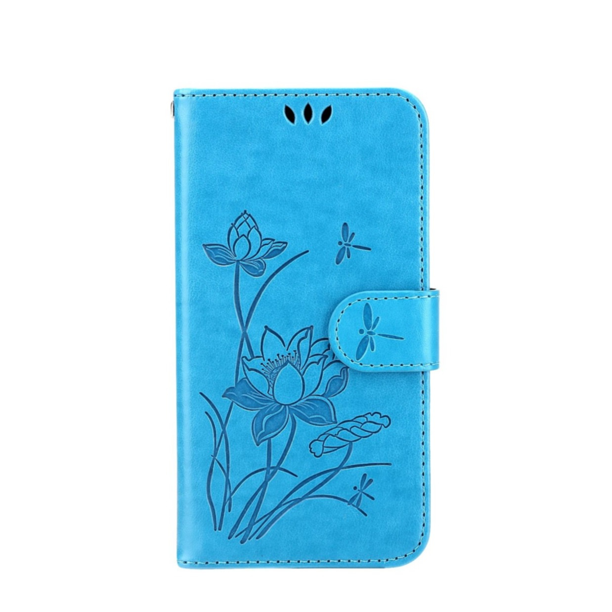 Image of iPhone 14 Leder Tasche Flip Cover Lotus Blumen Imprint - Blau bei Apfelkiste.ch