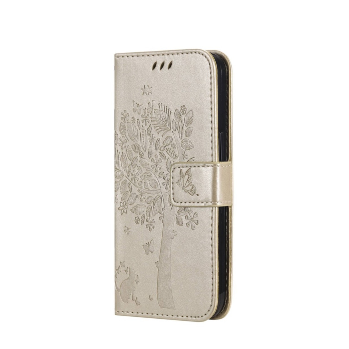 Image of iPhone 14 Leder Tasche Flip Cover Baum Imprint - Gold bei Apfelkiste.ch