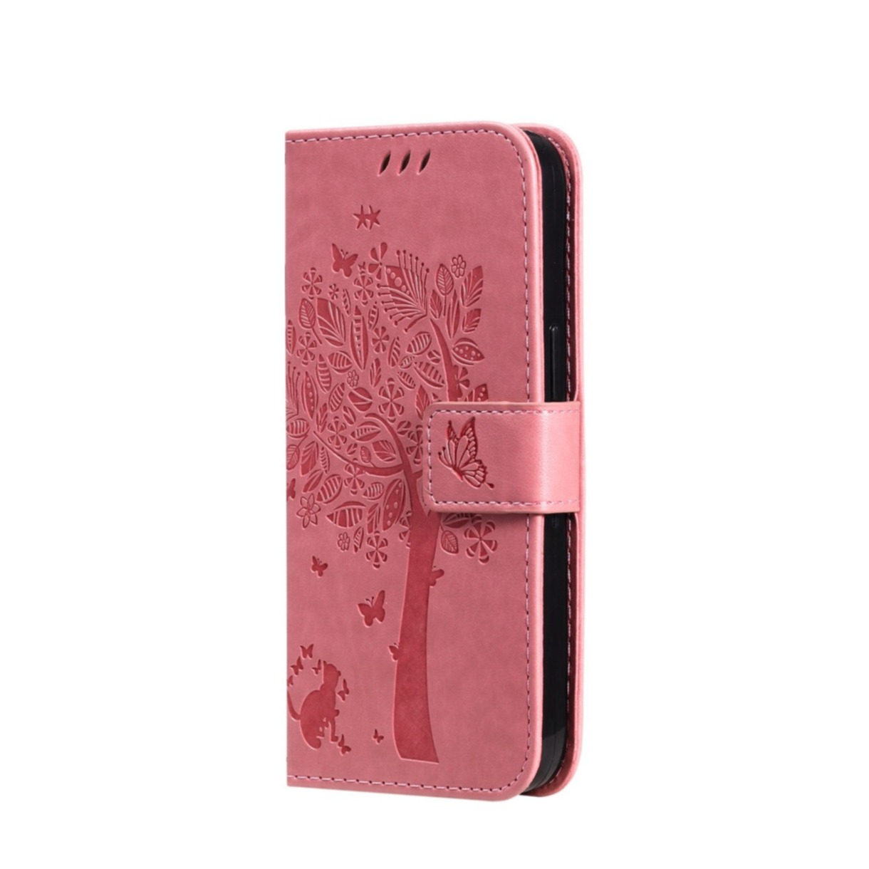 Image of iPhone 14 Leder Tasche Flip Cover Baum Imprint - Rosa bei Apfelkiste.ch
