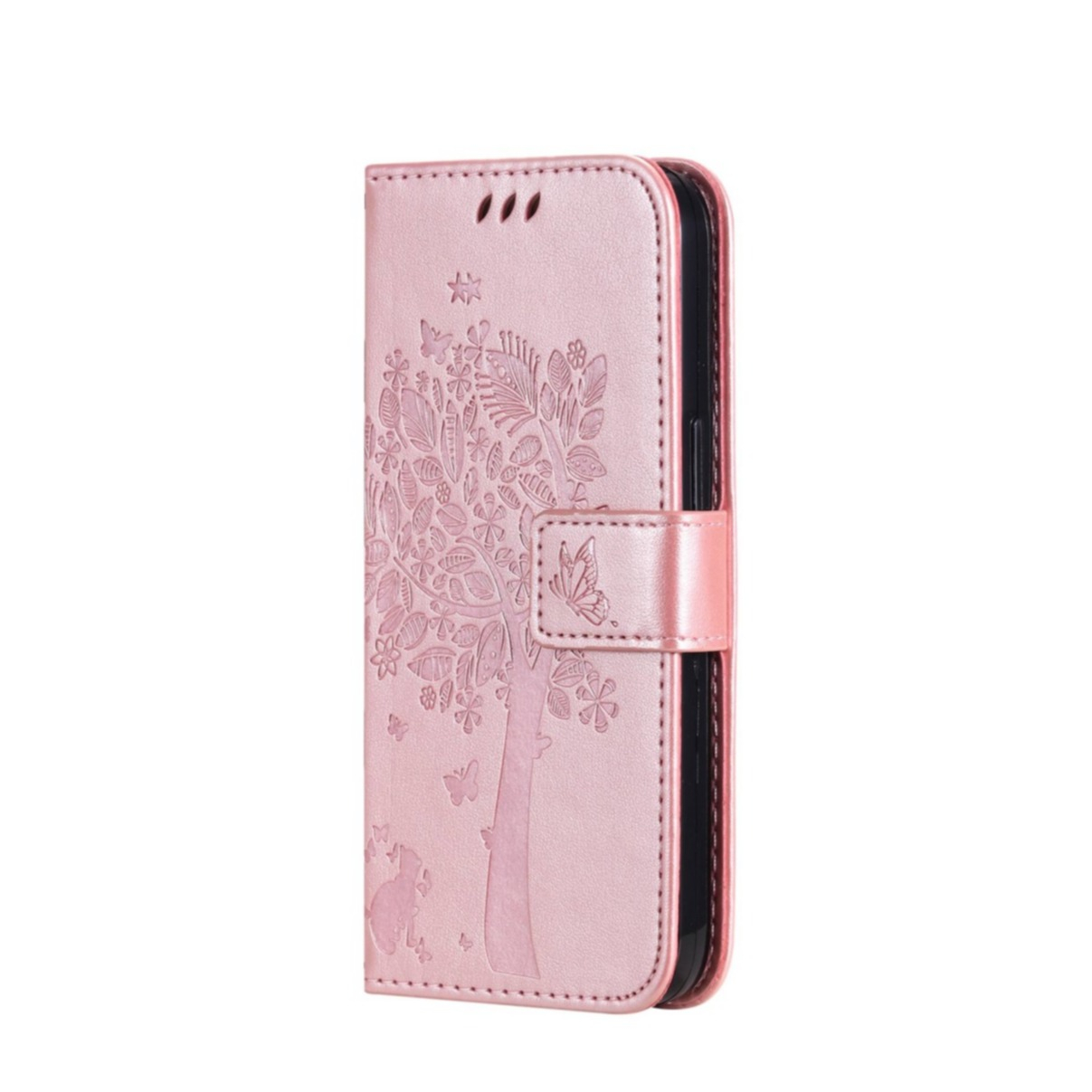 Image of iPhone 14 Leder Tasche Flip Cover Baum Imprint - Roségold bei Apfelkiste.ch