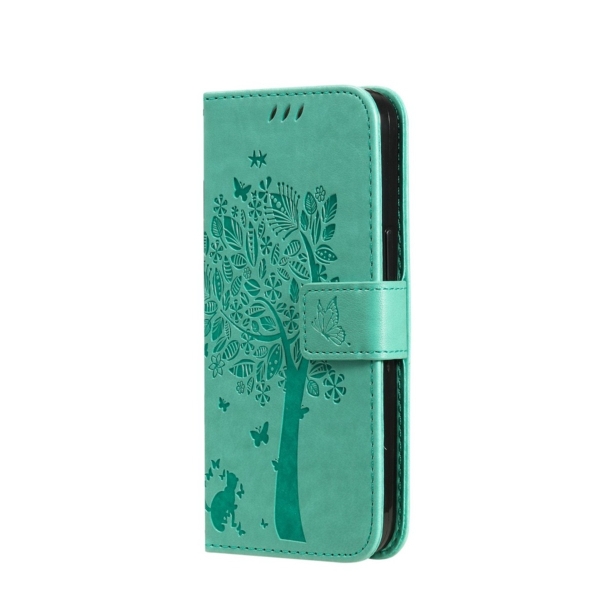 Image of iPhone 14 Leder Tasche Flip Cover Baum Imprint - Türkis bei Apfelkiste.ch