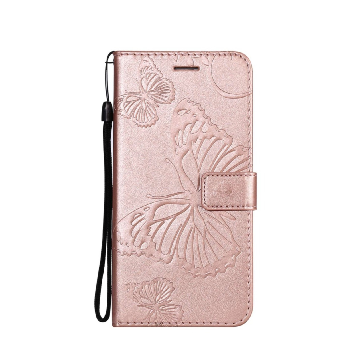 Image of iPhone 14 Leder Tasche mit Kartenfach + Handschlaufe Schmetterling - Roségold bei Apfelkiste.ch