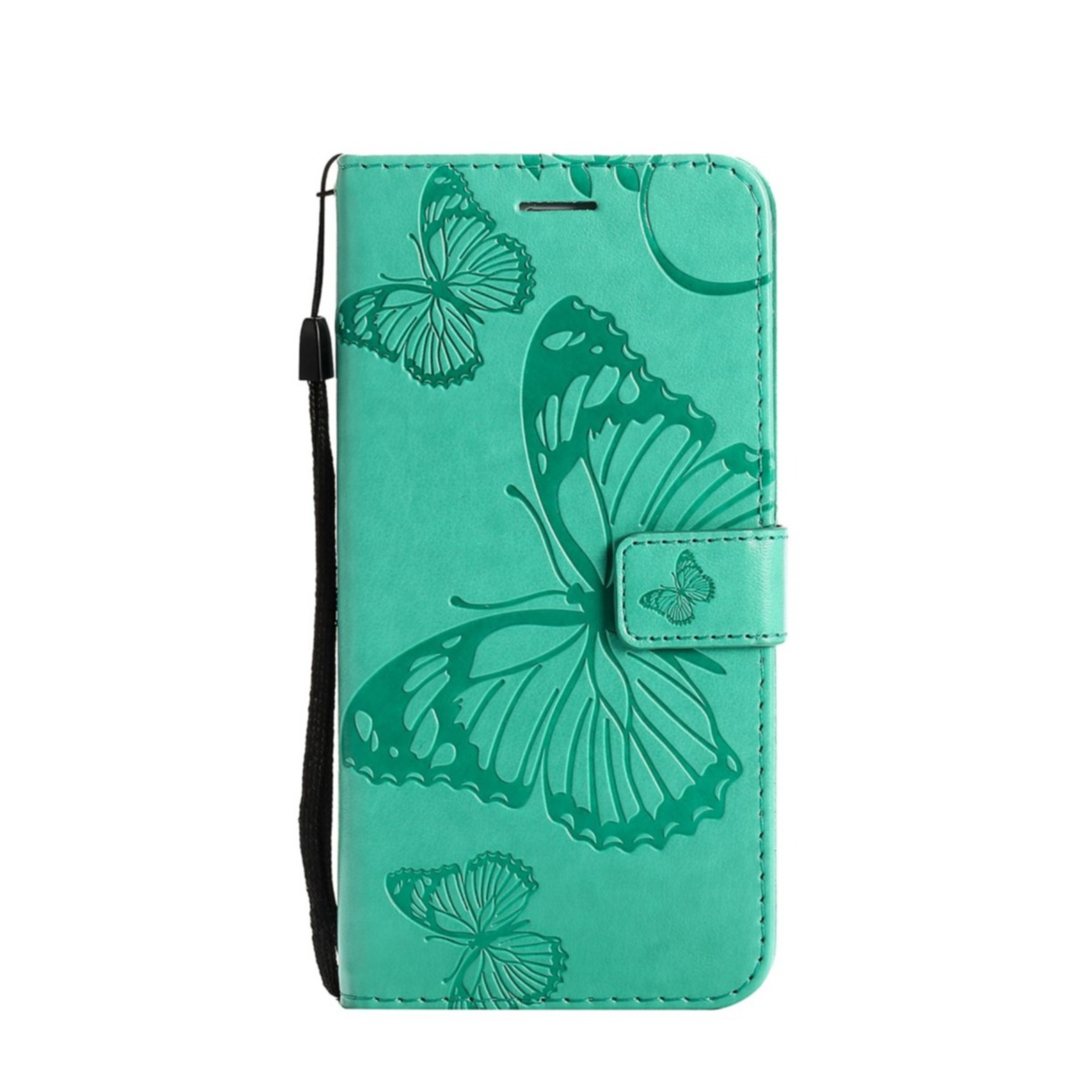 Image of iPhone 14 Leder Tasche mit Kartenfach + Handschlaufe Schmetterling - Türkis bei Apfelkiste.ch