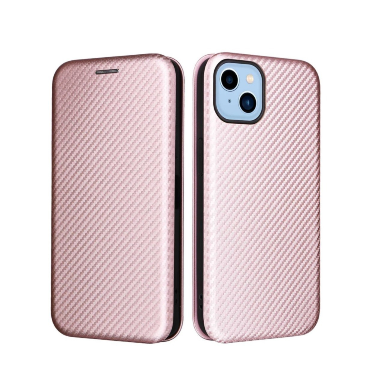 Image of iPhone 14 Max Leder Tasche Flip Cover Carbon Look - Roségold bei Apfelkiste.ch