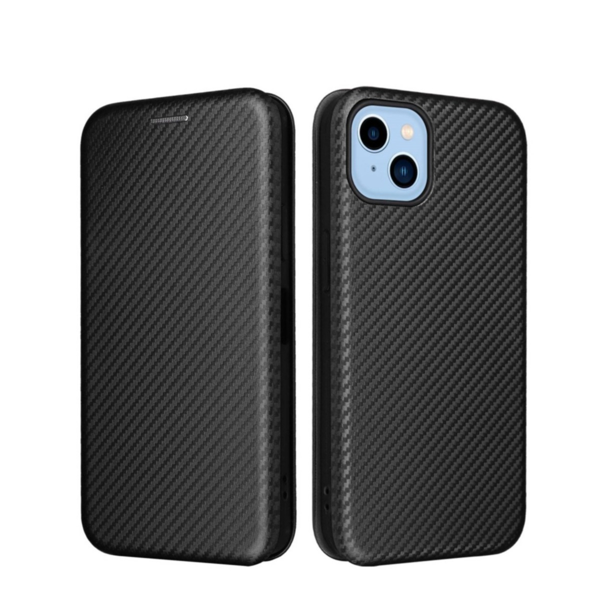 Image of iPhone 14 Max Leder Tasche Flip Cover Carbon Look - Schwarz bei Apfelkiste.ch