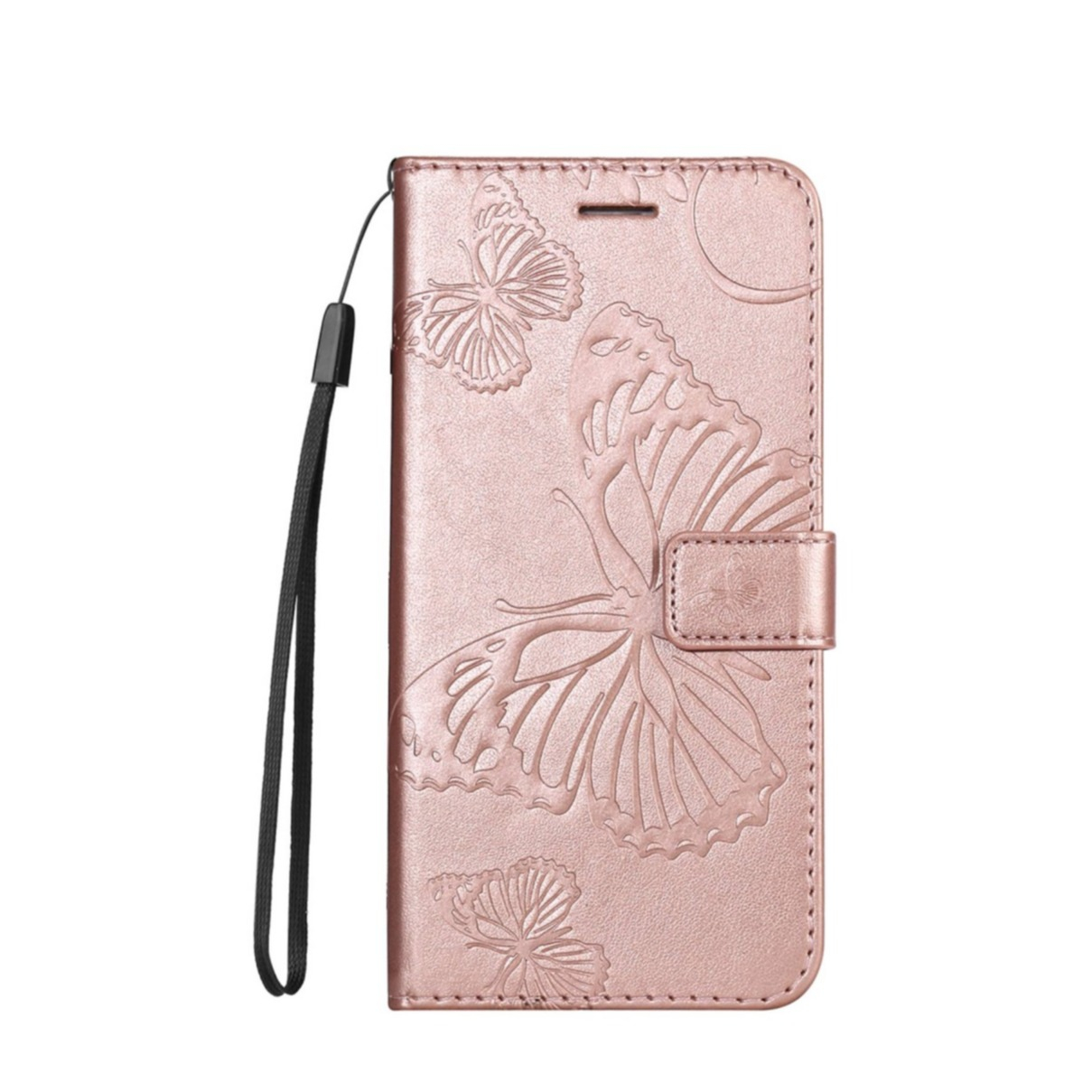 Image of iPhone 14 Max Leder Tasche mit Kartenfach + Handschlaufe Schmetterling - Roségold bei Apfelkiste.ch