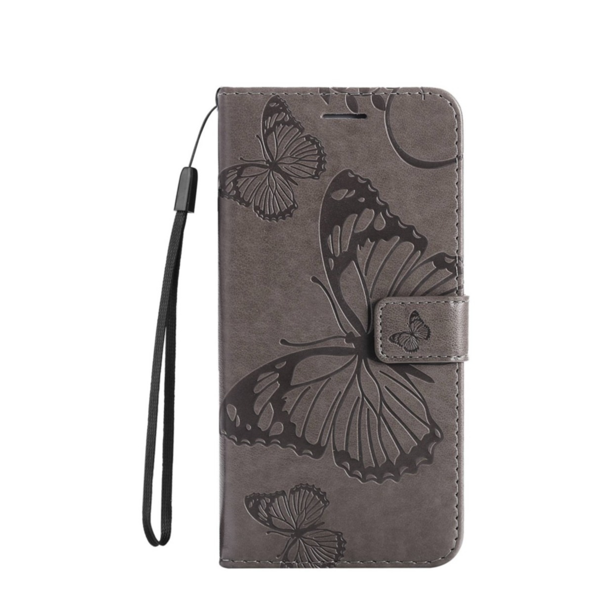 Image of iPhone 14 Max Leder Tasche mit Kartenfach + Handschlaufe Schmetterling - Grau bei Apfelkiste.ch