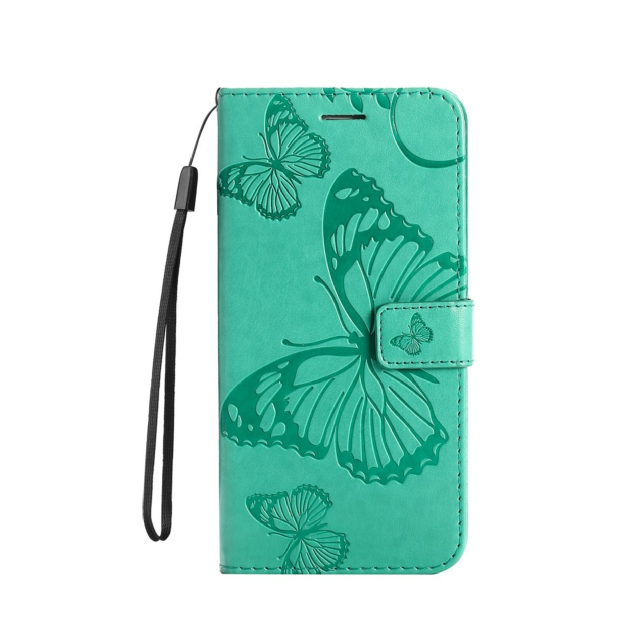 Image of iPhone 14 Pro Leder Tasche mit Kartenfach + Handschlaufe Schmetterling - Türkis bei Apfelkiste.ch