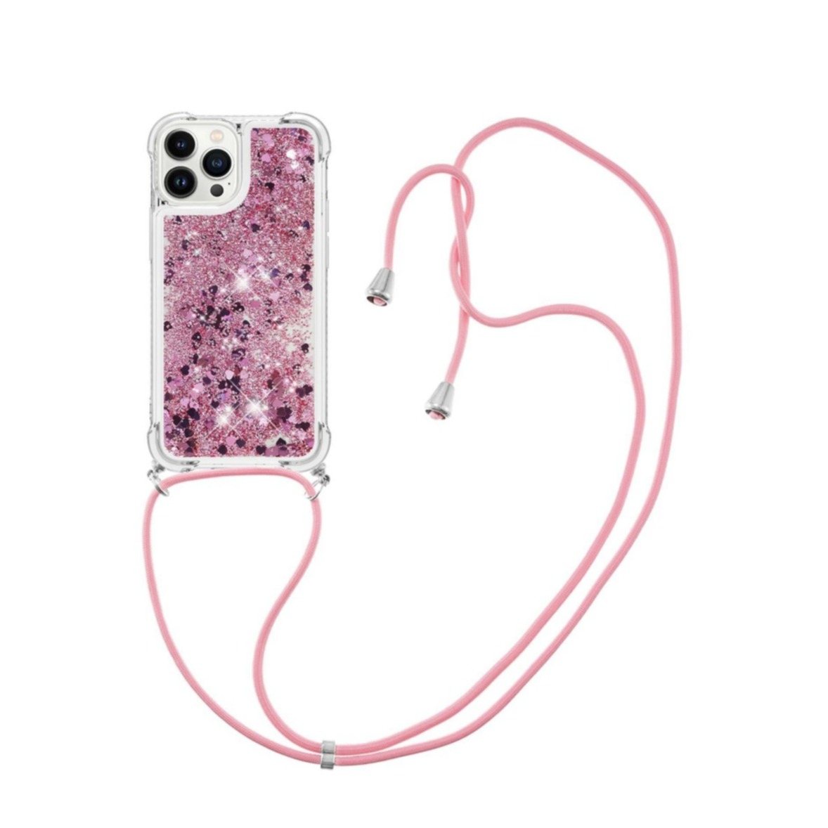 Image of iPhone 14 Pro Max Necklace Gummi Hülle Liquid Glitzer + Handykette (130cm) - Pink / Roségold bei Apfelkiste.ch