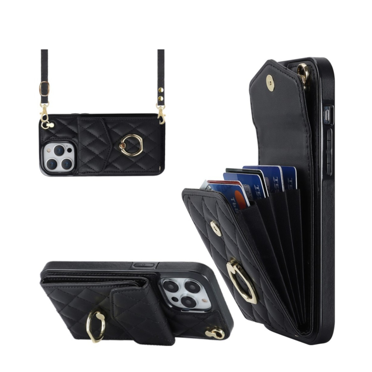 iPhone 15 Pro Max Necklace Leder Hülle mit Kartenfächer + Finger Griff  Halterung + Handykette (RFID Schutz) - Violett