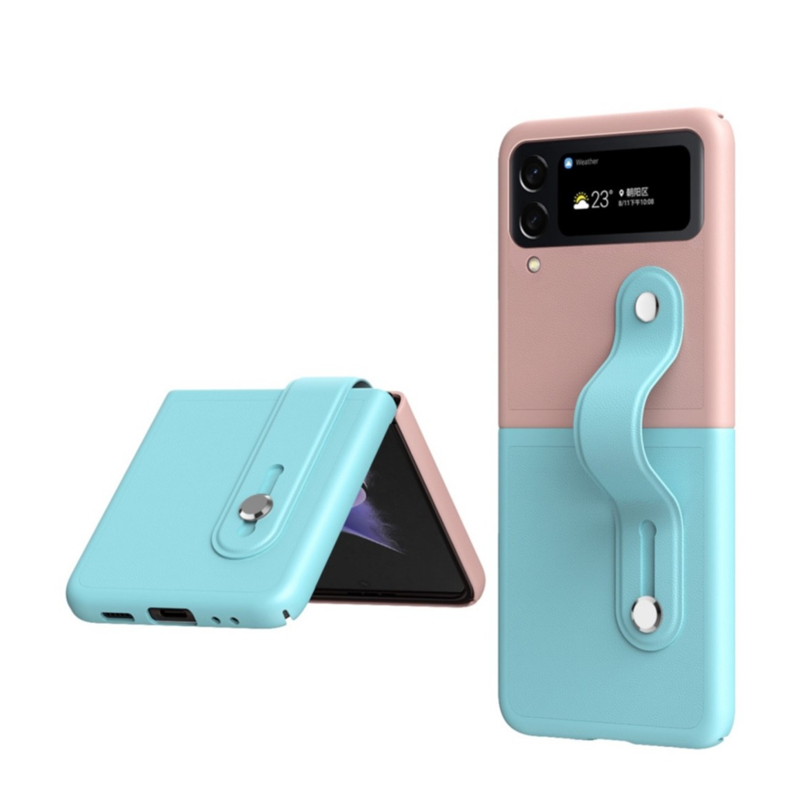 Image of Samsung Galaxy Z Flip4 5G Hybrid Hardcase Hülle mit Leder Rückseite + Finger Griff Halterung - Rosa / Hellblau bei Apfelkiste.ch