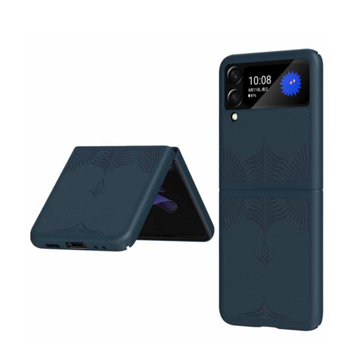 Image of Samsung Galaxy Z Flip4 5G Hybrid Hardcase Hülle mit Leder Rückseite Mandala Imprint - Dunkelblau bei Apfelkiste.ch