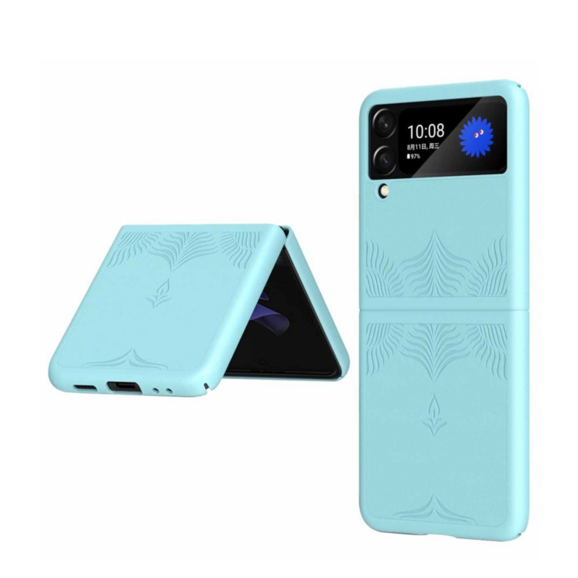 Image of Samsung Galaxy Z Flip4 5G Hybrid Hardcase Hülle mit Leder Rückseite Mandala Imprint - Hellblau bei Apfelkiste.ch