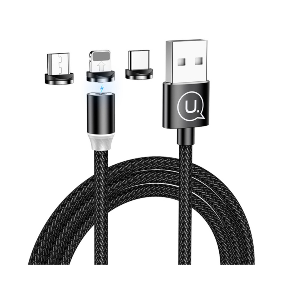 Image of USAMS - (1m) 3in1 Magnetisches USB A Ladekabel Nylon Geflecht - Apple Lightning / Micro USB / USB C - Schwarz bei Apfelkiste.ch