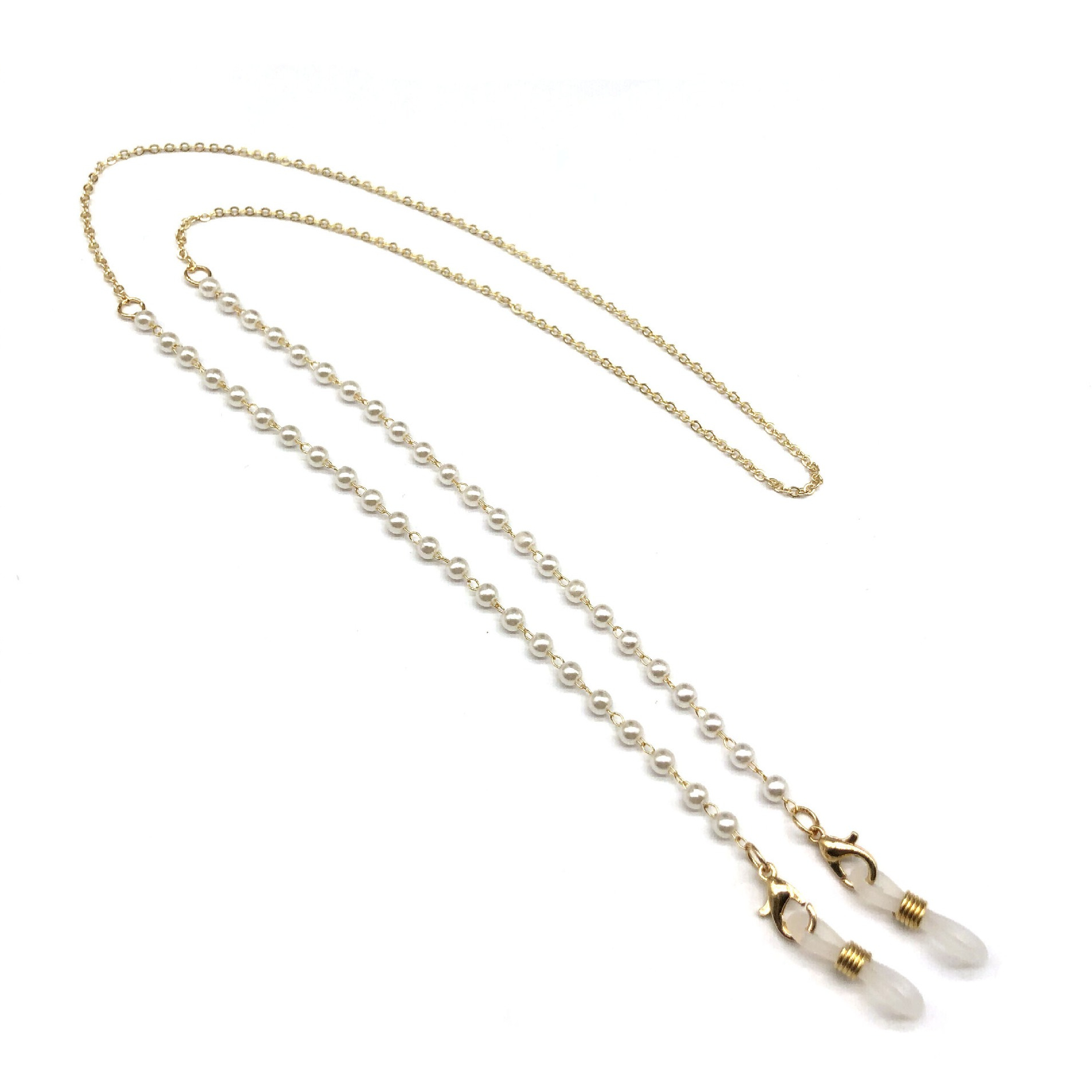 Image of (67cm) Eyewear Halter Brillenkette Sonnenbrillenband Metall Perlen - Gold / Weiss bei Apfelkiste.ch