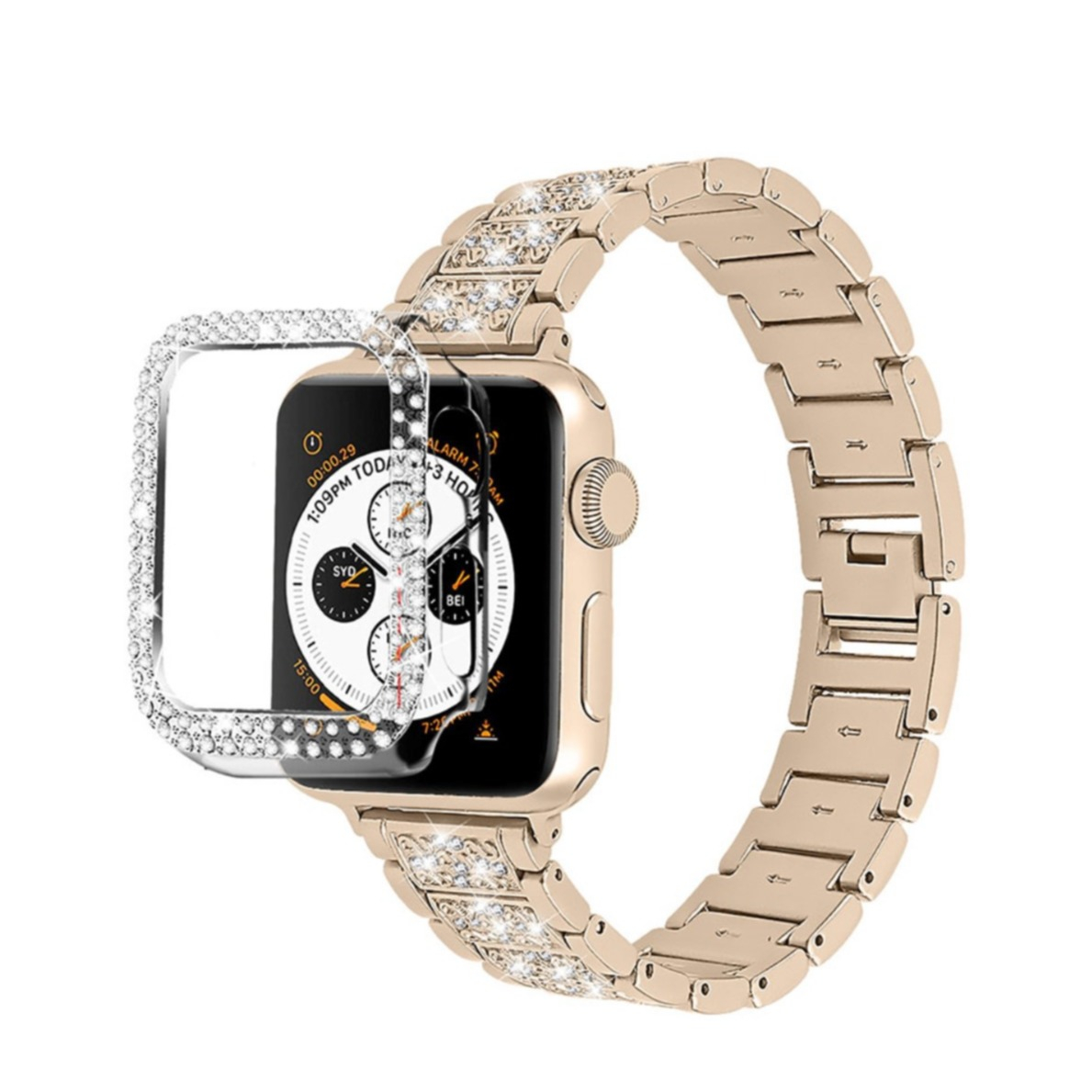 Image of Apple Watch Series 3 / 2 / 1 (42 mm) Glitzer Edelstahl Armband mit Bumper Hülle - Gold bei Apfelkiste.ch