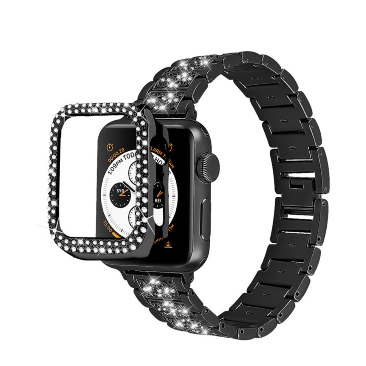 Image of Apple Watch Series 3 / 2 / 1 (42 mm) Glitzer Edelstahl Armband mit Bumper Hülle - Schwarz bei Apfelkiste.ch